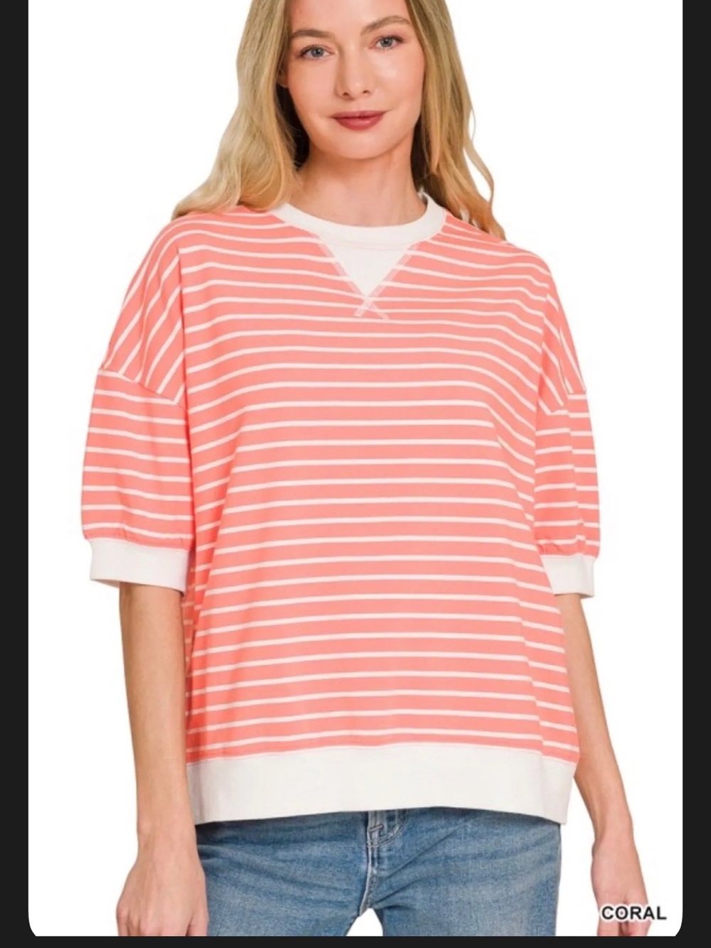 Coral Striped Relaxed Short-Sleeve top